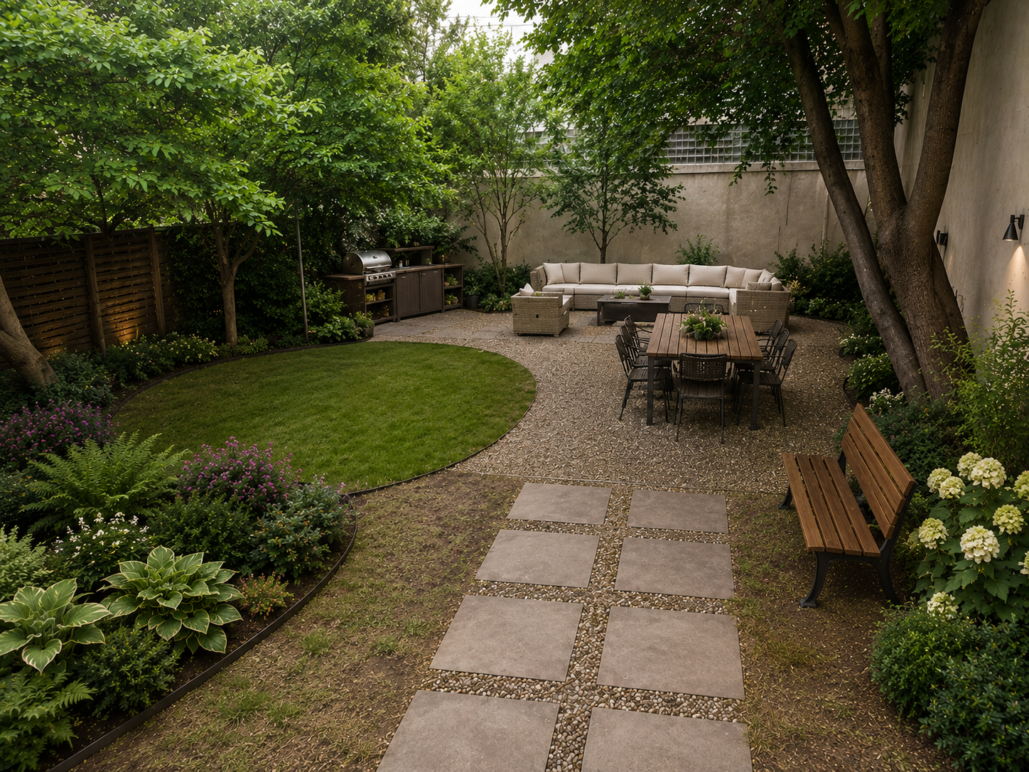 Der begrünte Garten des Alemannenhauses mit Sitzgruppe, Esstisch und Grill