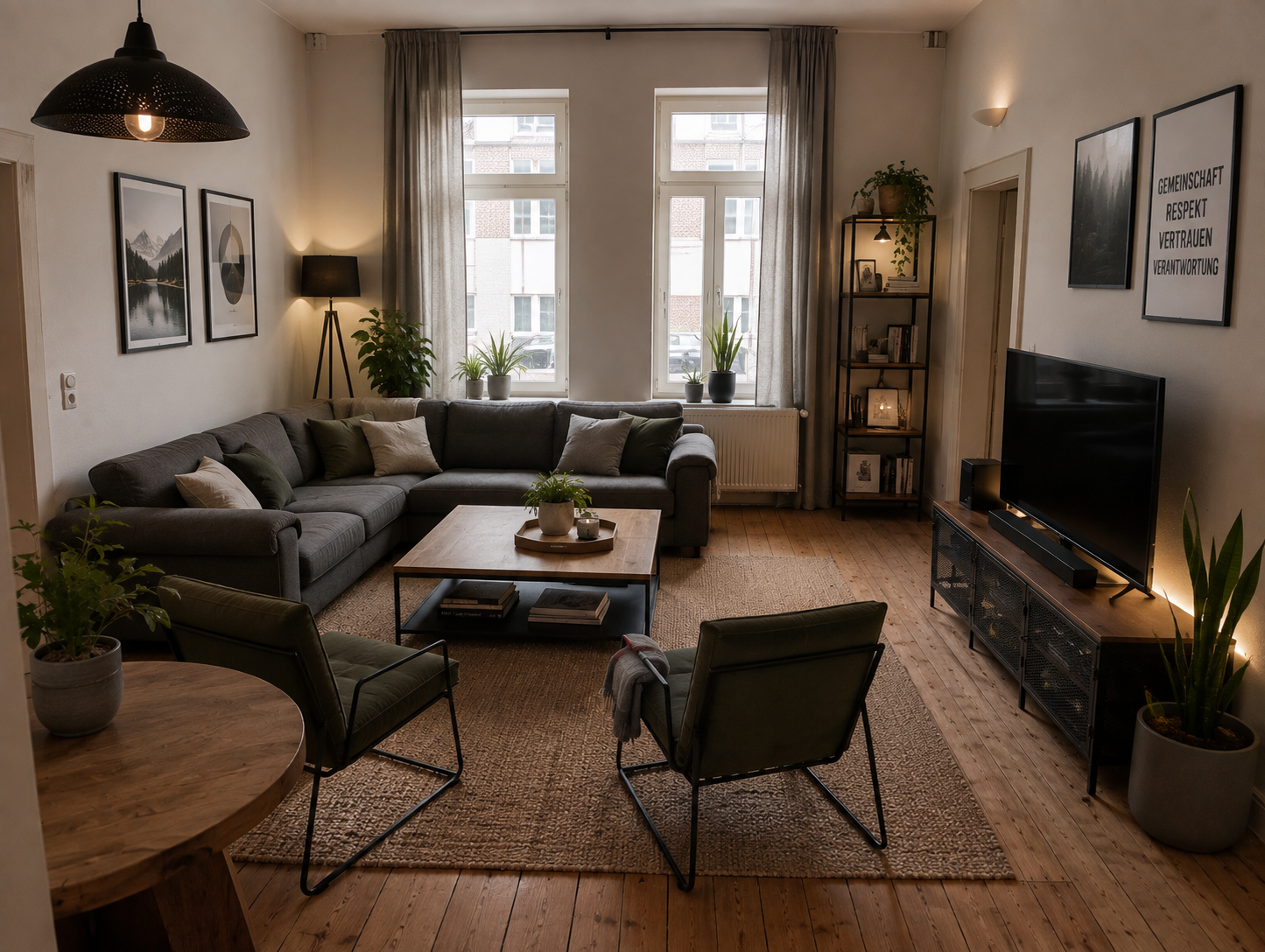 Der helle Gemeinschaftsraum im Alemannenhaus mit Sofas und großem Esstisch