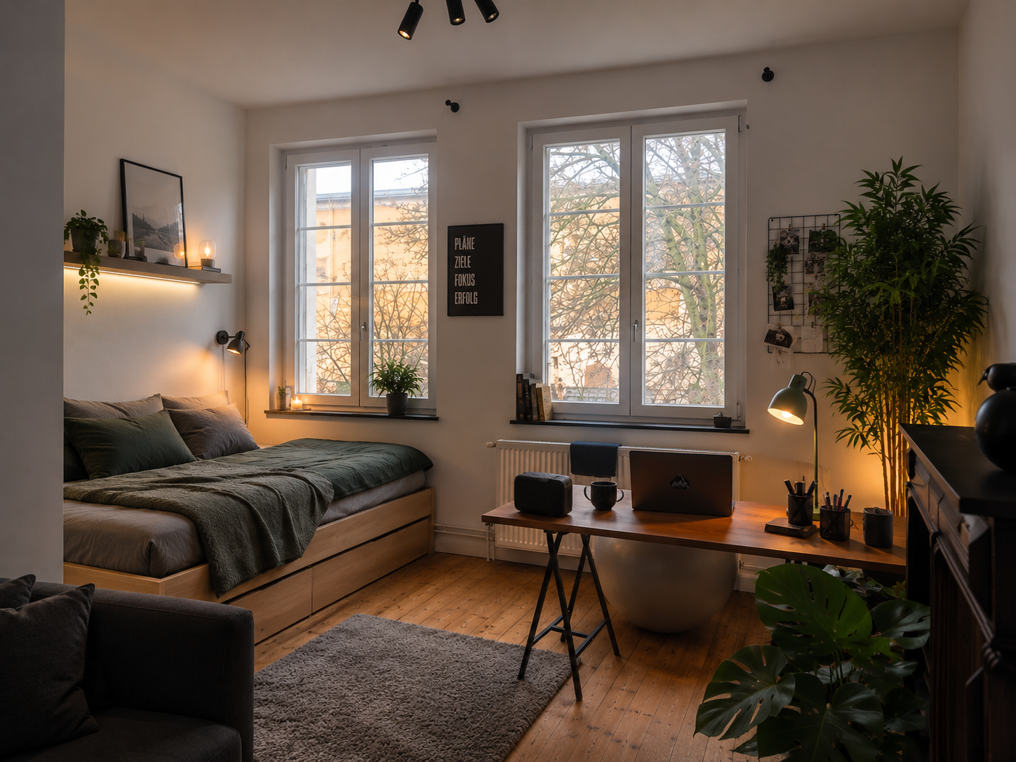 Helles möbliertes Studentenzimmer mit Bett, Schreibtisch und Kleiderschrank